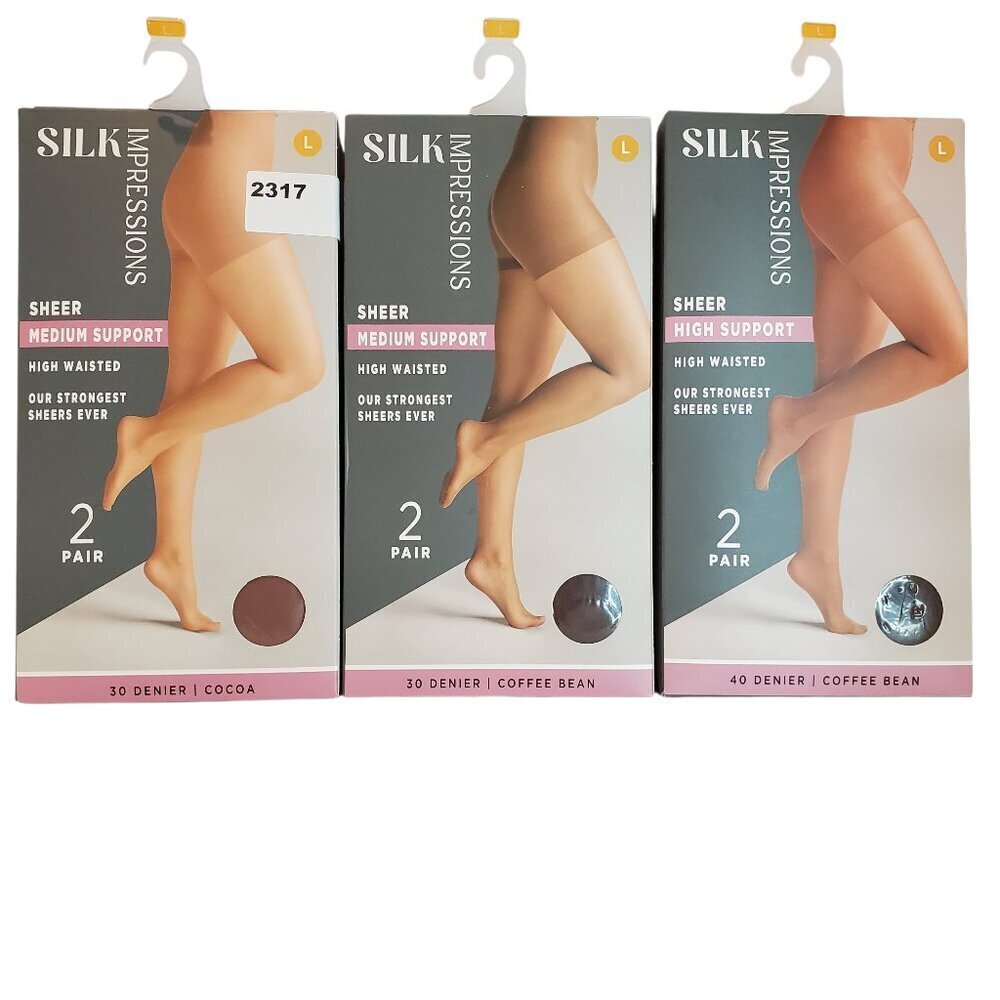 NEW 3 Packs of 2 Pair SZ Large Silk Impressions Sheer Support Pantyhose
